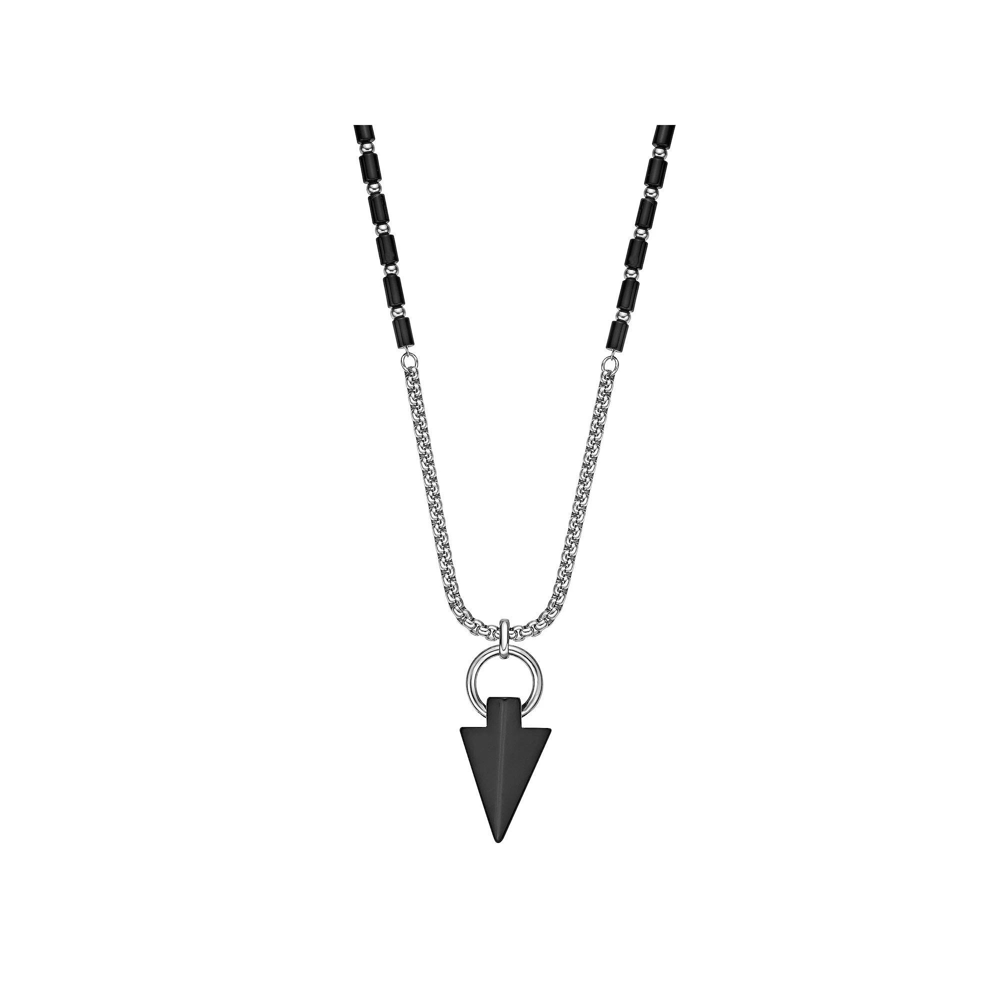 Mens LYNX Stainless Steel Black Agate Arrow Head Pendant Necklace Product Image
