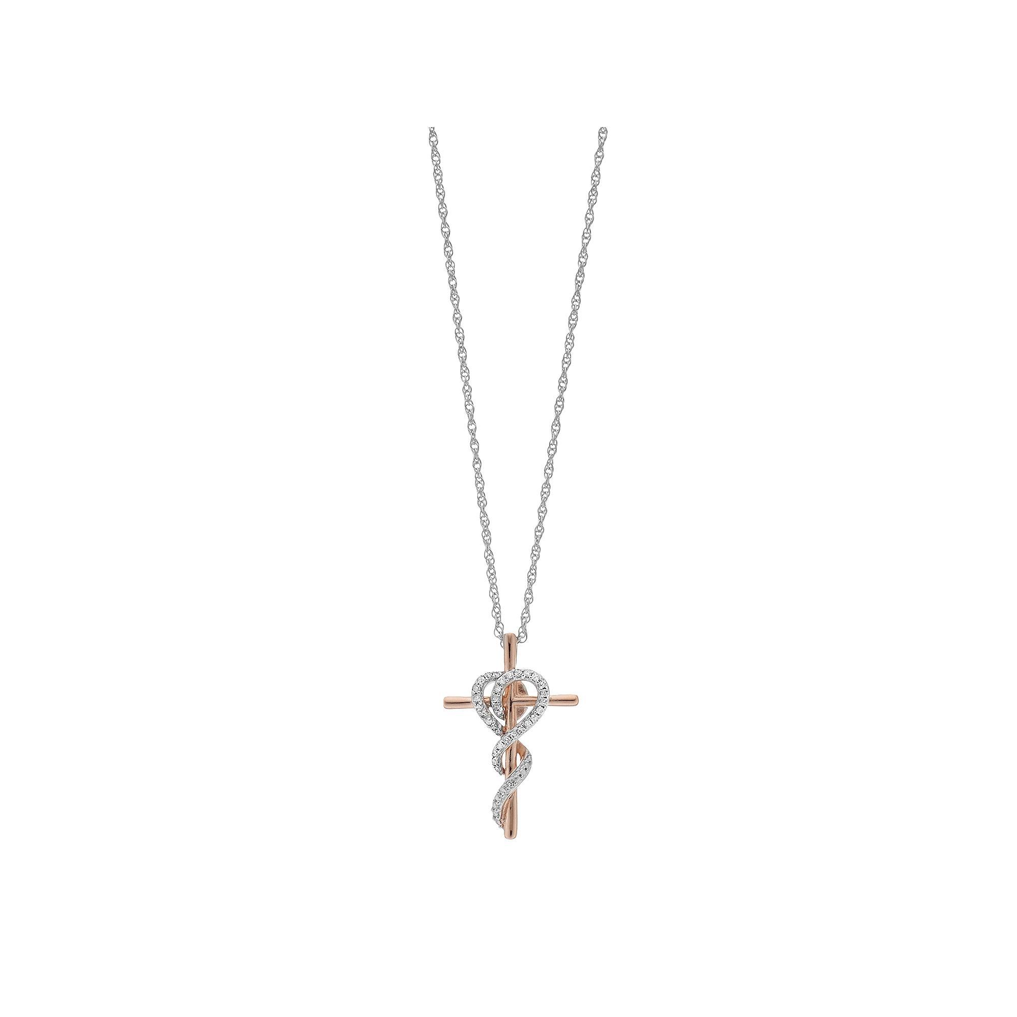 14k Rose Gold Over Silver Two Tone 1/10 Carat T.W. Diamond Cross Pendant, Women's, Size: 18" Product Image