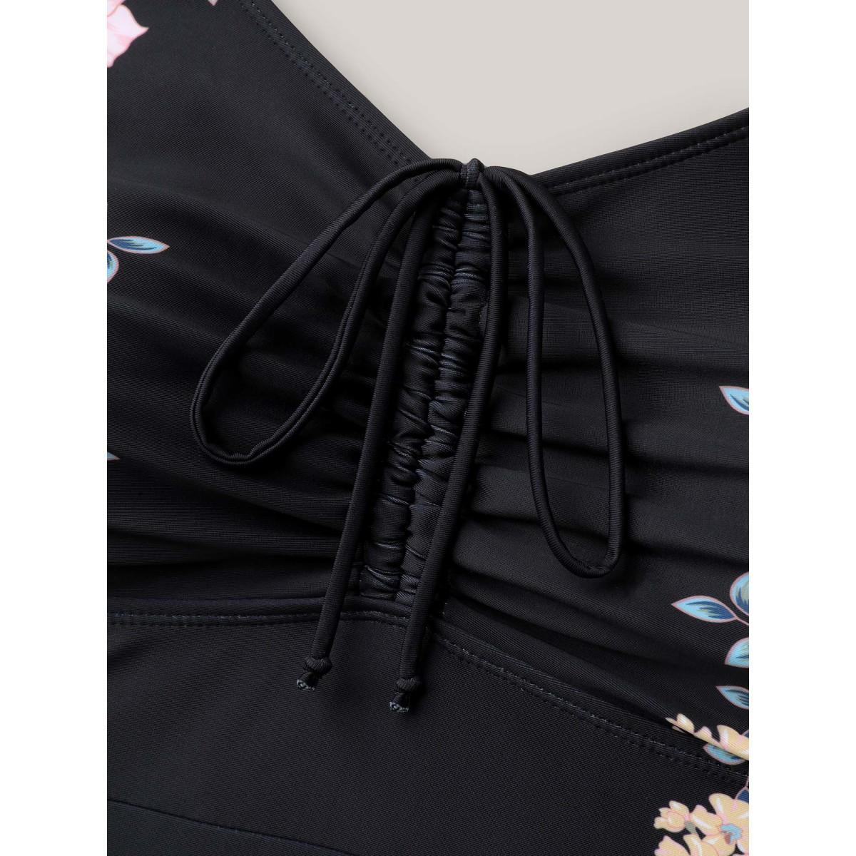 Plus Size Floral Print Drawstring One-Piece Swimsuit Women's Swimwear Black Beach Drawstring Curve Bathing Suits High stretch One Pieces BloomChic 18-20/2X Product Image