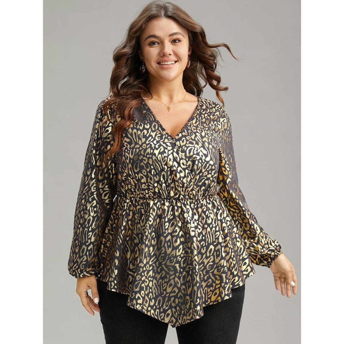 Plus Size Indigo Glitter Leopard Wrap Elastic Waist Lantern Sleeve Blouse Women Cocktail Long Sleeve Overlap Collar Party Blouses BloomChic 22-24/3X Product Image