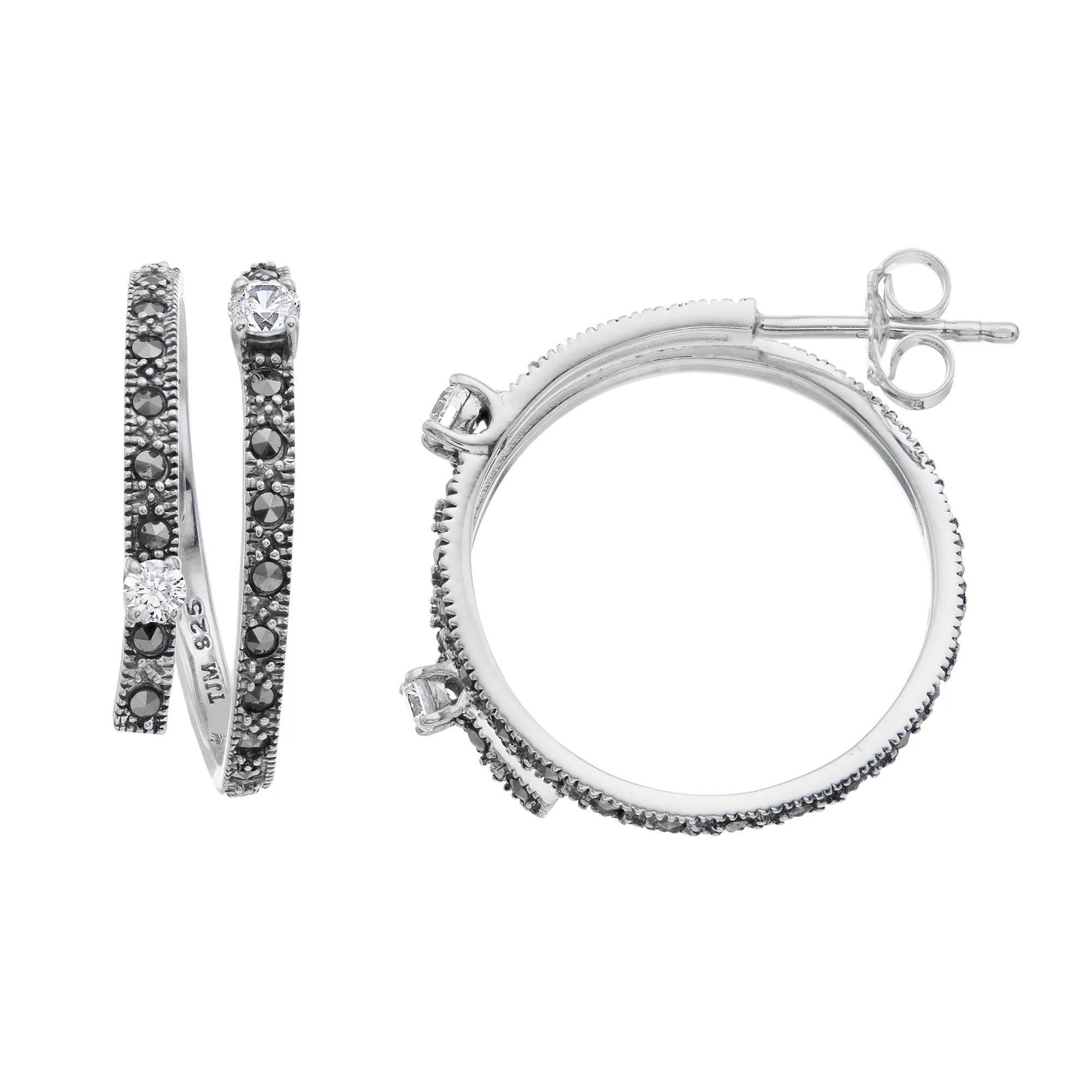 Lavish by TJM Sterling Silver Cubic Zirconia & Marcasite Double Row Hoop Earrings, Women's Product Image