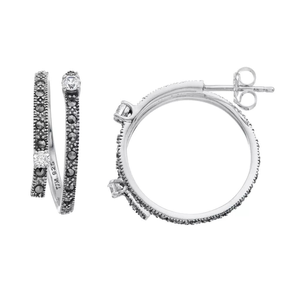 Lavish by TJM Sterling Silver Cubic Zirconia & Marcasite Double Row Hoop Earrings, Women's Product Image