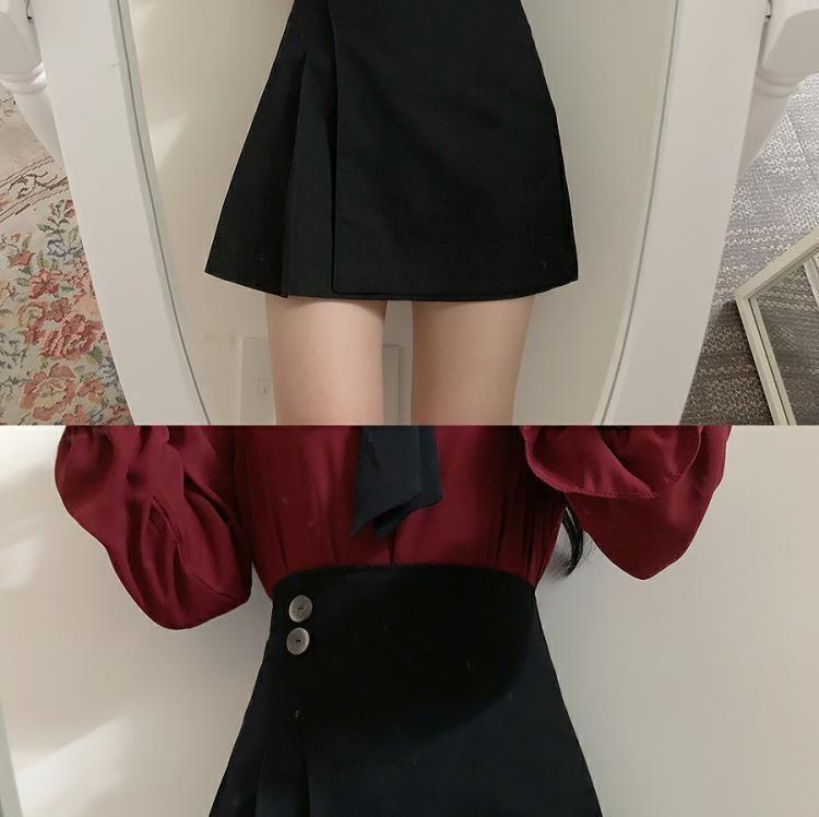 Long-Sleeve Ruffle Tie-Neck Blouse / A-Line Mini Skirt Product Image