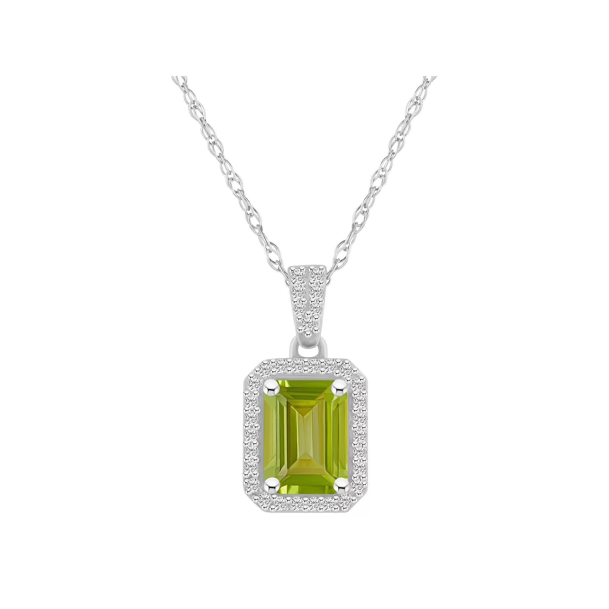 Celebration Gems 10k White Gold Emerald Cut Gemstone & Lab-Created White Sapphire Halo Pendant Necklace, Women's, Size: 18", Peridot Product Image