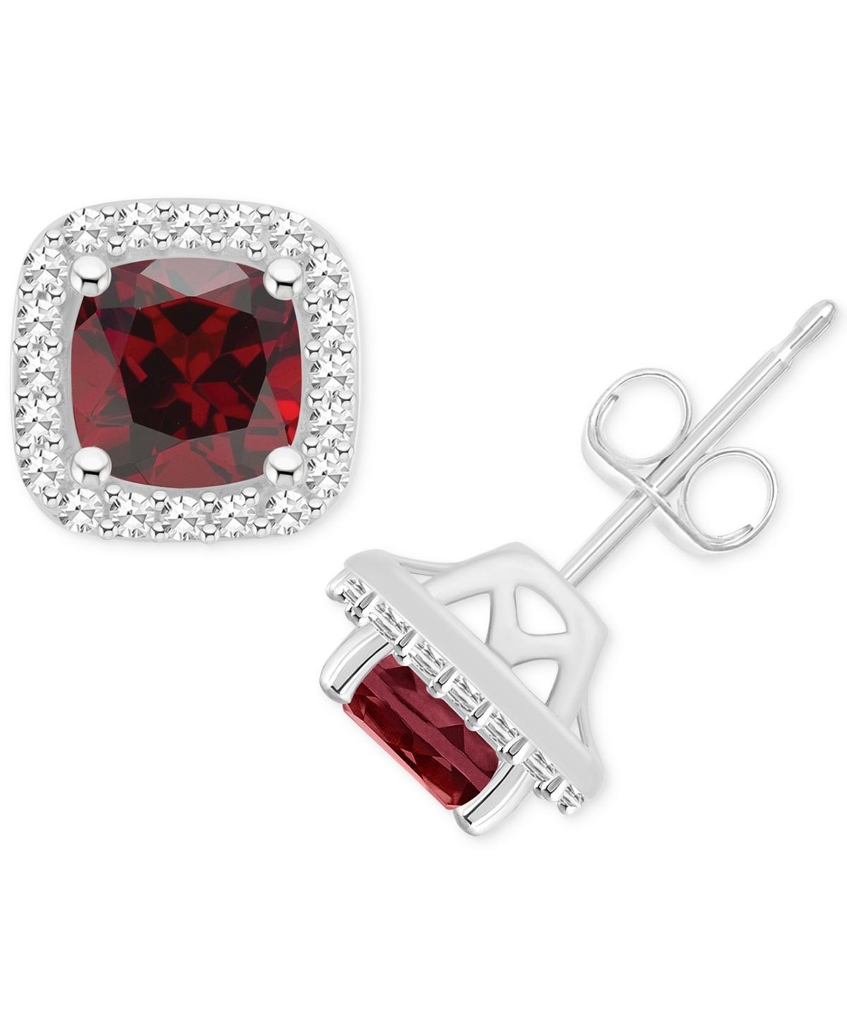 Celebration Gems Sterling Silver 5 mm Cushion Gemstone & 1/5 Carat T.W. Diamond Halo Stud Earrings, Women's, Red Product Image
