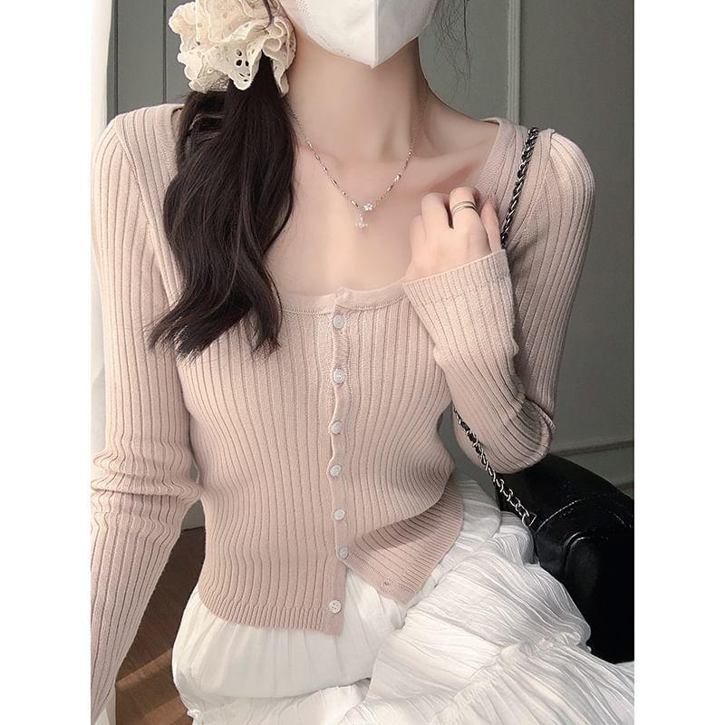 Long-Sleeve Scoop Neck Plain Ribbed Button Knit Top Product Image