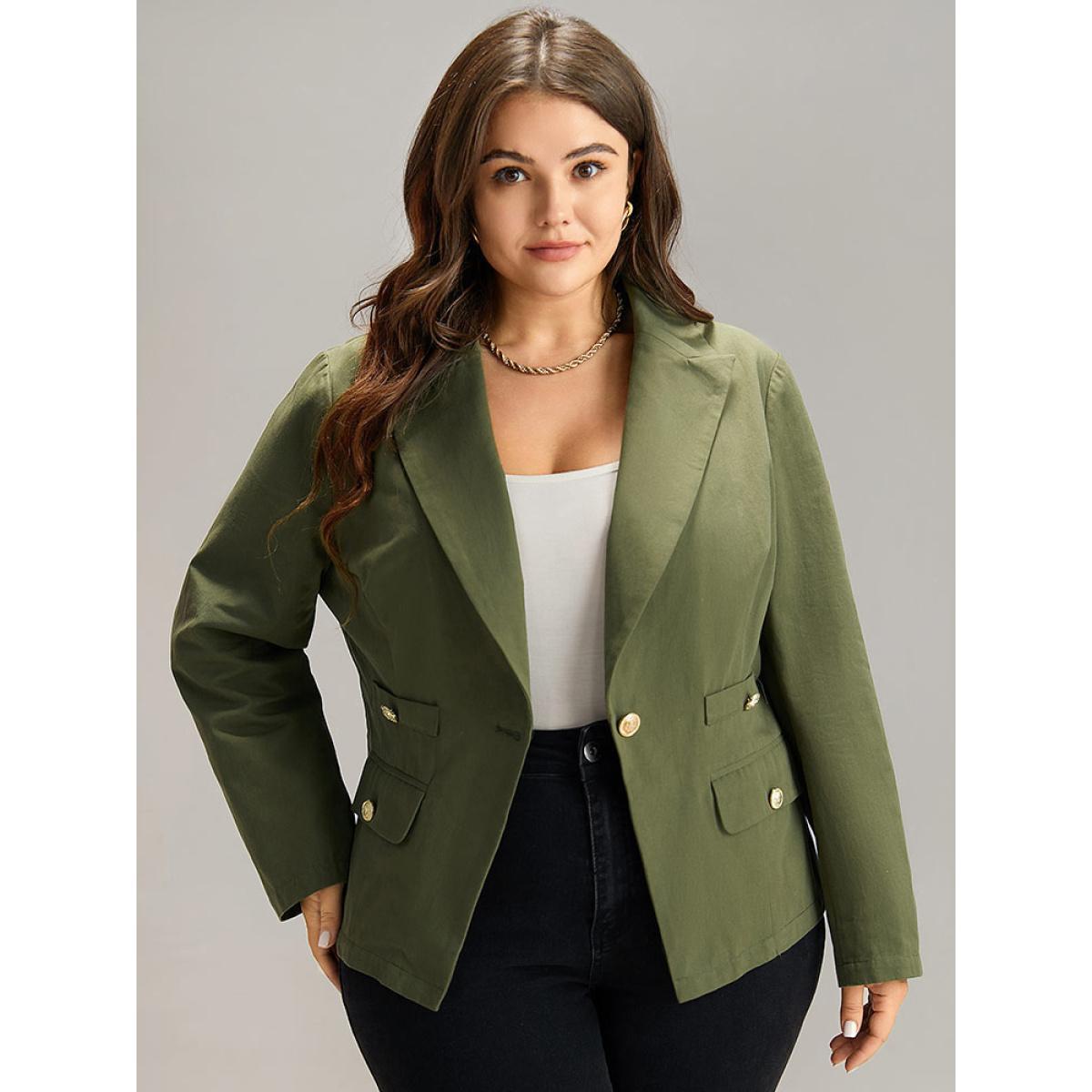 Plus Size Plain Suit Collar Buckle Detail Blazer ArmyGreen Women Work Plain Plain Sleeve Long Sleeve Suit Collar 26/4X Office Blazers BloomChic Product Image