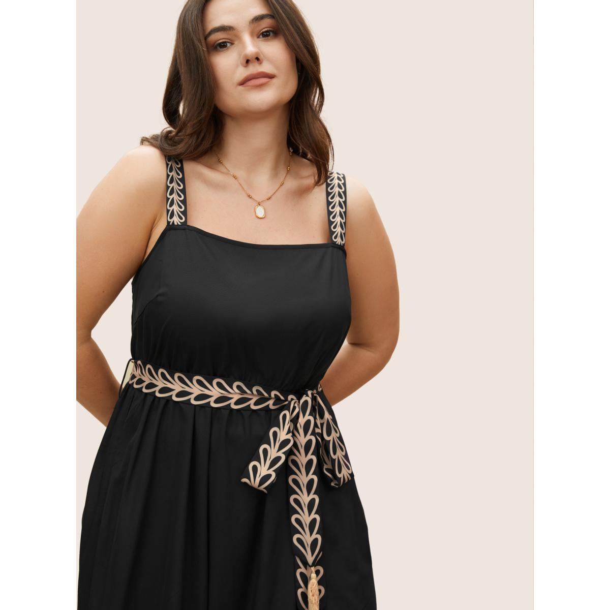 Plus Size Boho Print Tassel Belted Cami Dress Black Women Resort Non Sleeveless Curvy BloomChic 28/5X Product Image