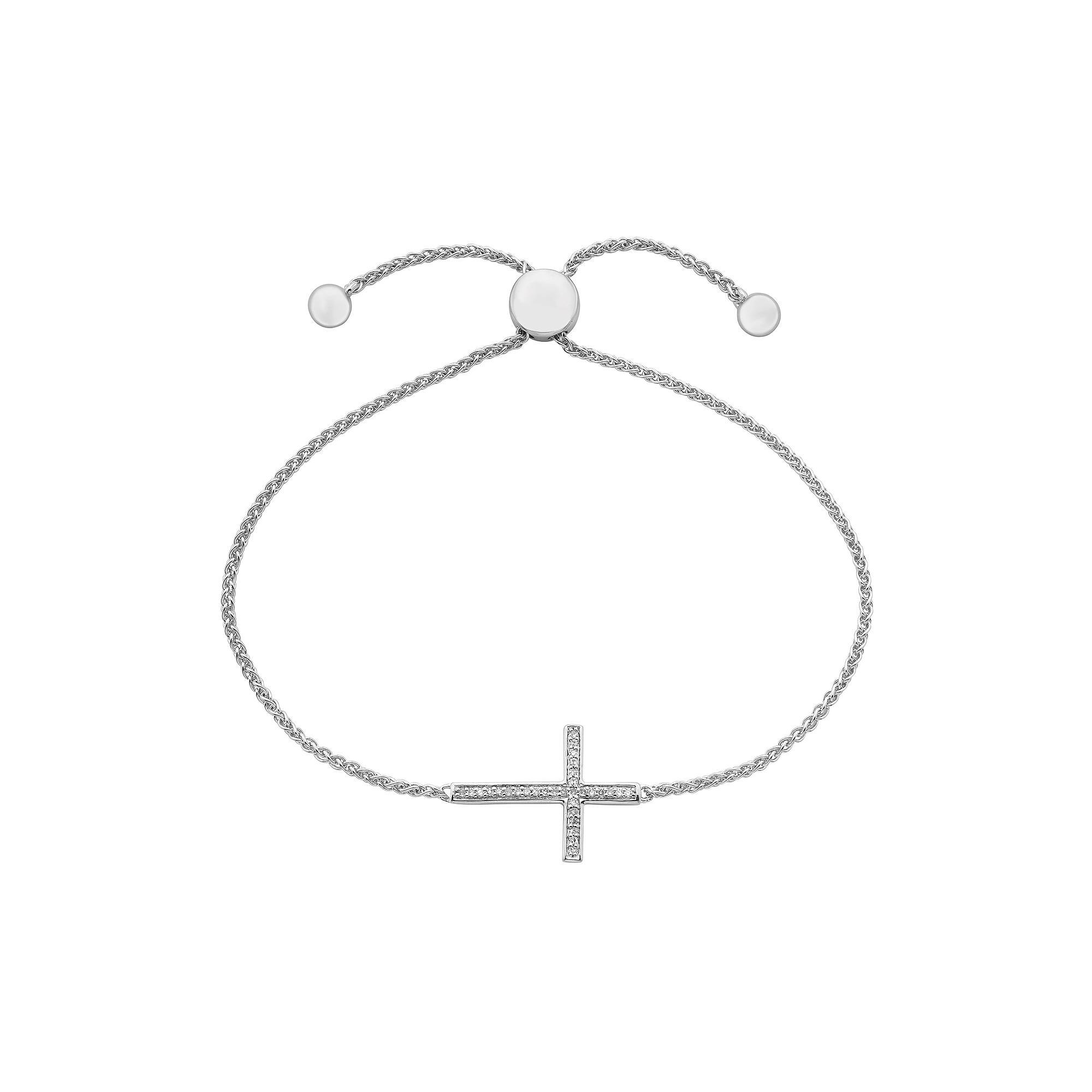 Sterling Silver 1/10 Carat T.W. Diamond Sideways Cross Bolo Bracelet, Womens White Product Image