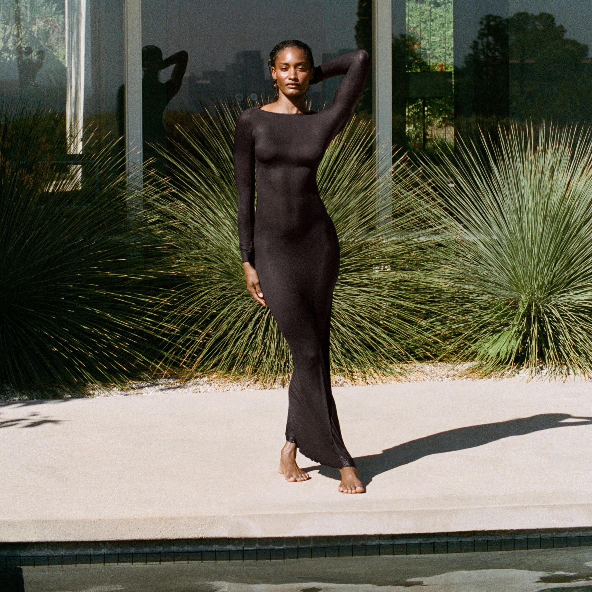 SHEER MODAL LONG SLEEVE LONG DRESS | ONYX Product Image
