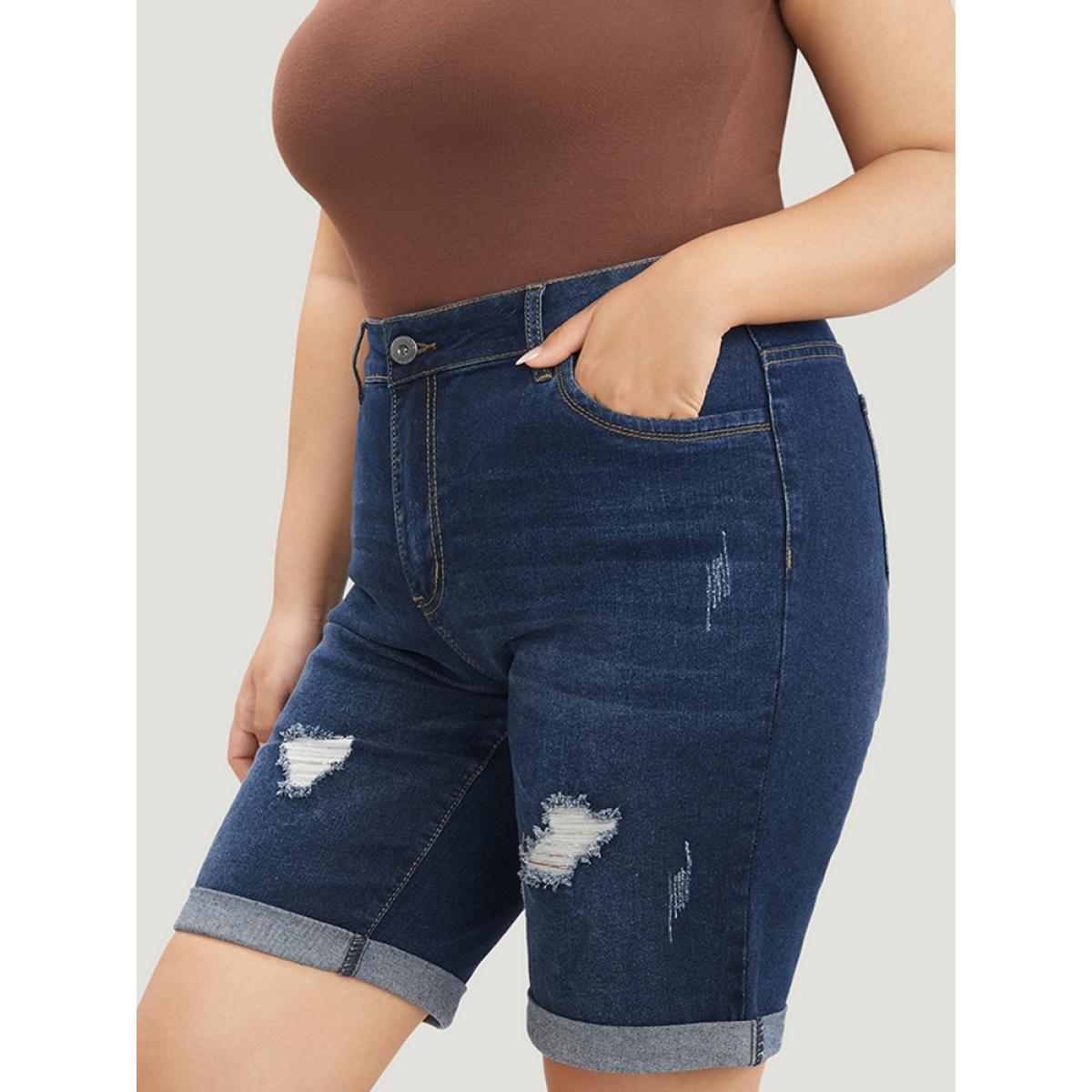 Plus Size Slightly Stretchy High Rise Dark Wash Distressed Denim Shorts Women DarkBlue Casual Plain Distressed Low stretch Pocket Jeans BloomChic 18/2X Product Image