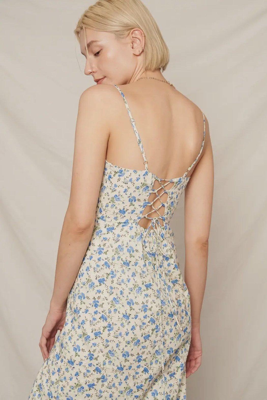 Ivory Blue Bustier Lace Back Midi Dress Product Image