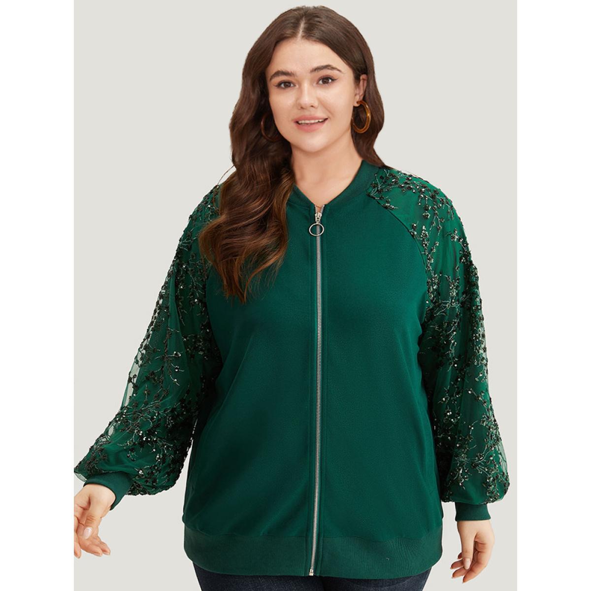 Plus Size Embroidered Patchwork Mesh Zipper Jacket Women Green Elastic cuffs Dailywear Jackets BloomChic 26/4X Product Image