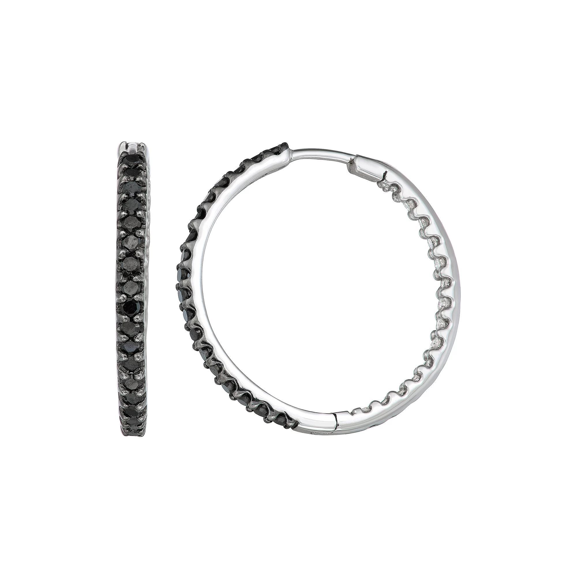 10k White Gold 1 Carat T.W. Black & White Diamond Front-Back Hoop Earrings, Women's, 10k Whgold Product Image