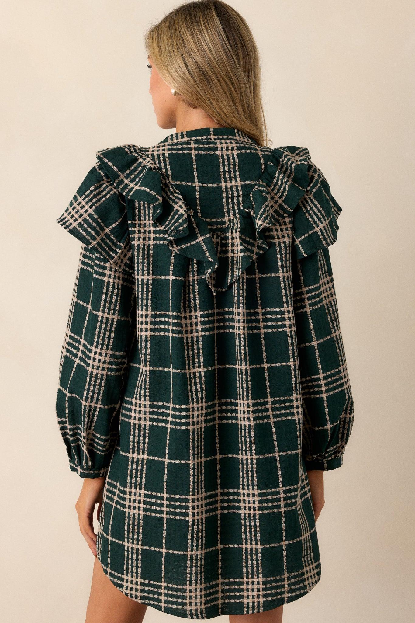 Falling into Bliss 100% Cotton Forest Green Plaid Mini Dress Product Image
