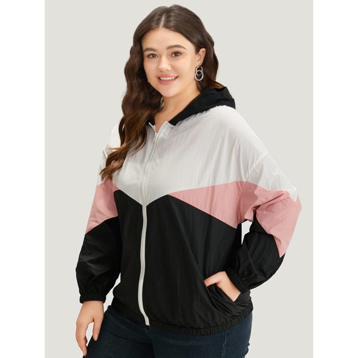 Plus Size Colorblock Contrast Zipper Pocket Hooded Jacket Women Black Elastic cuffs Pocket Dailywear Jackets BloomChic 18-20/2X Product Image