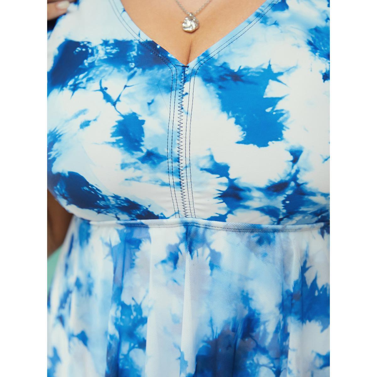 Plus Size Tie Dye V Neck Mesh Hanky Hem Swim Dress Women's Swimwear LightBlue Vacation Bodycon V-neck High stretch Curve Swim Dresses BloomChic 28/5X Product Image