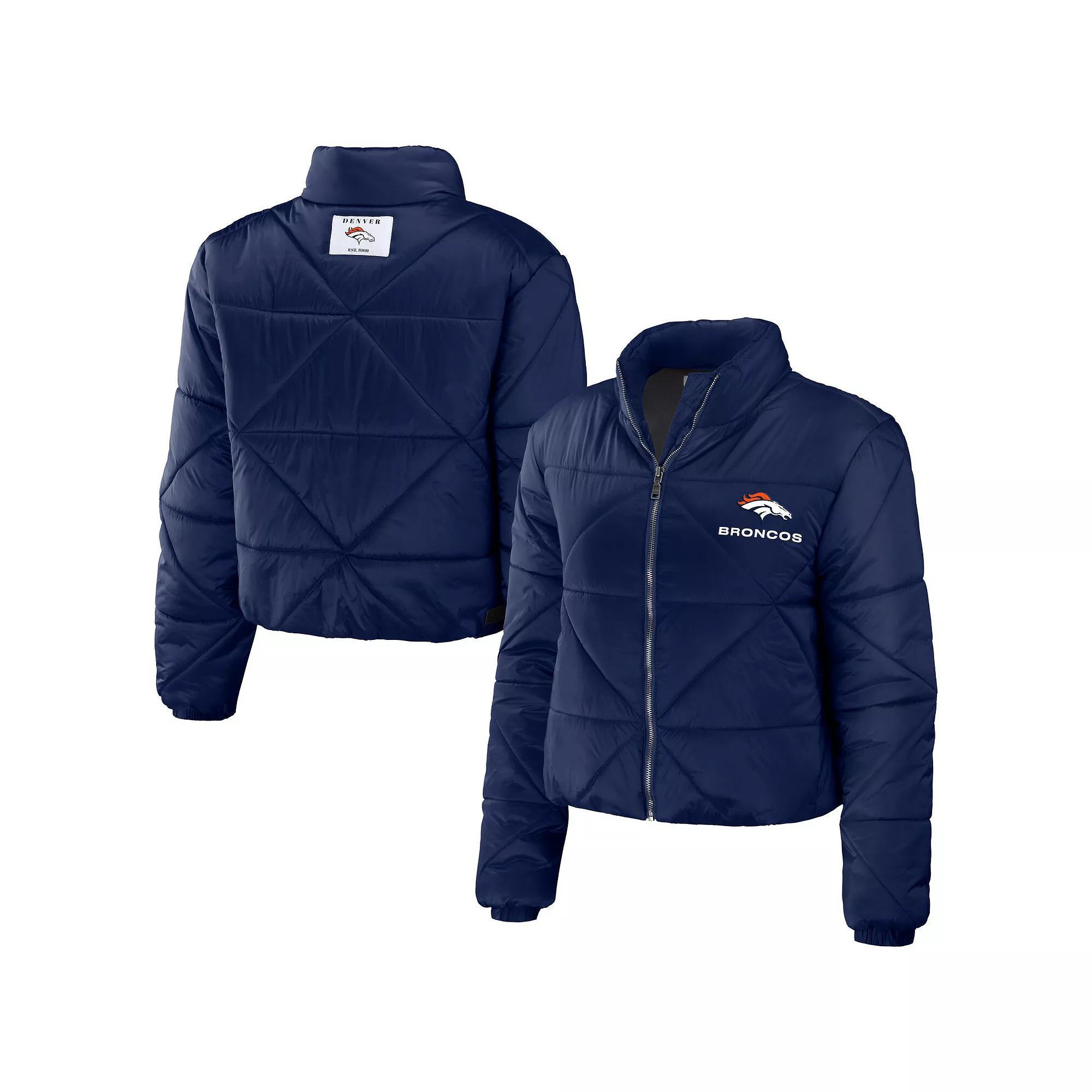 Women's WEAR by Erin Andrews  Navy New England Patriots Cropped Puffer Full-Zip Jacket, Size: Medium, Blue Product Image