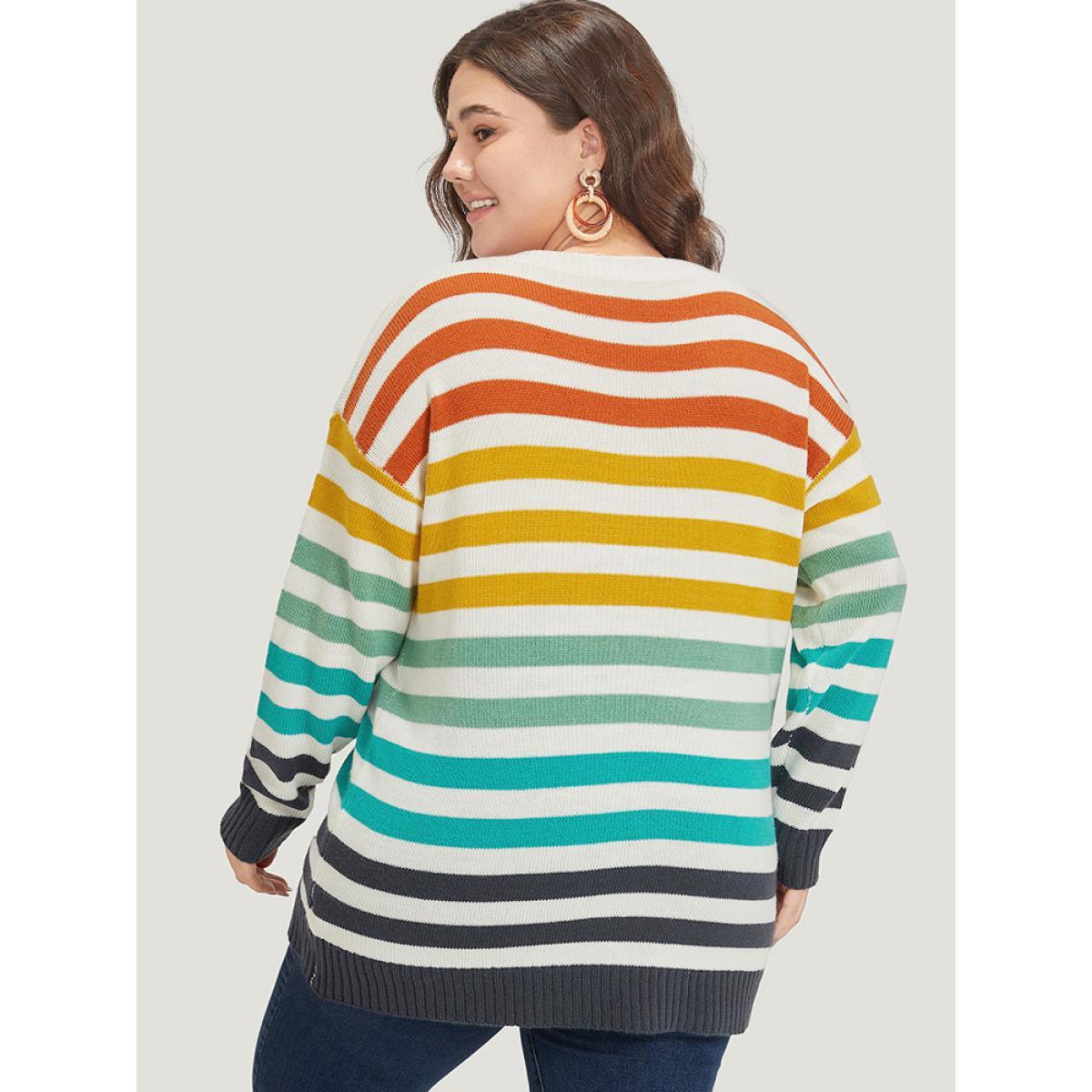 Plus Size Rainbow Print V Neck Elastic Cuffs Pullover Multicolor Women Casual Loose Long Sleeve V-neck Dailywear Pullovers BloomChic 26/4X Product Image