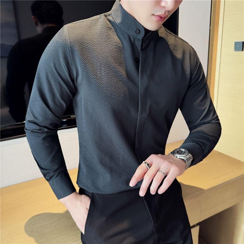 Long Sleeve Band Collar Plain Shirt Product Image
