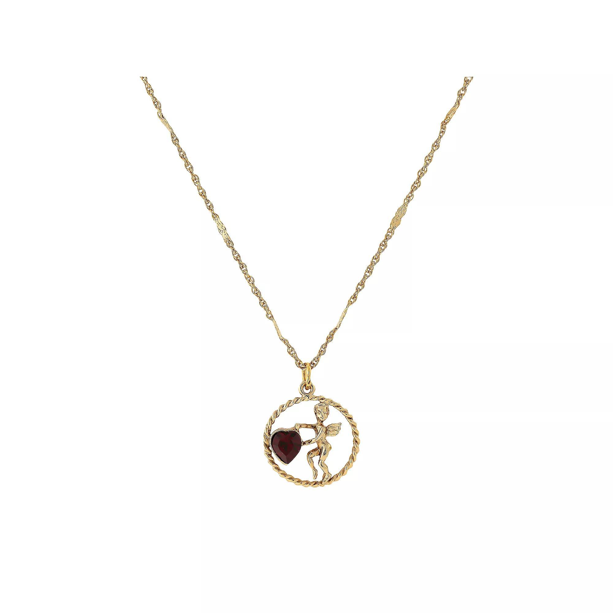 1928 Gold Tone Suspended Cherub Angel and Heart Necklace, Womens, Yellow Product Image