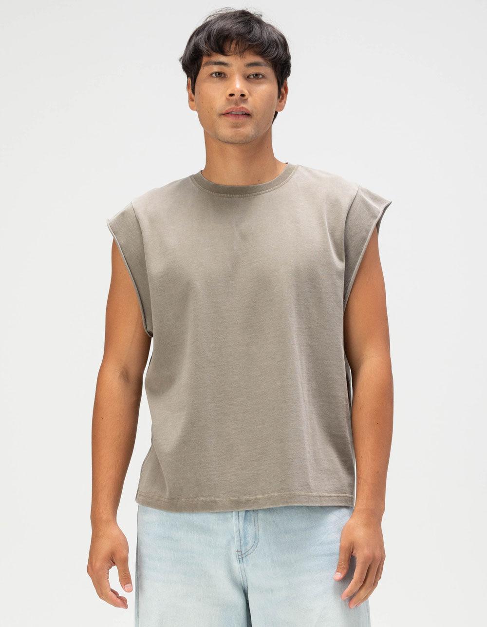 RSQ Mens Washed Cropped Muscle Tee - OLIVE Product Image
