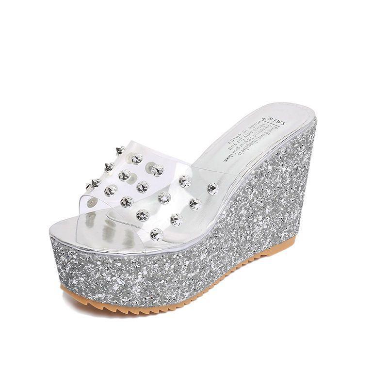 Glittered Wedge Slide Sandals Product Image