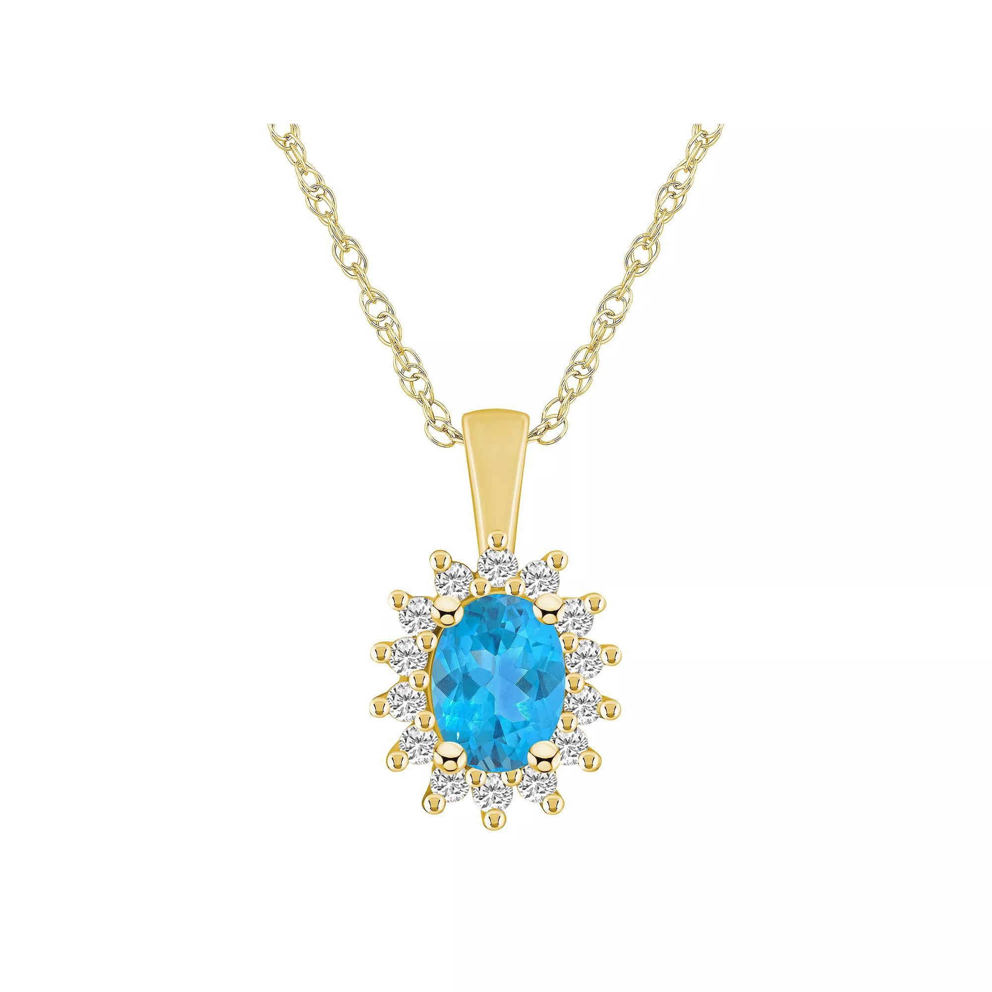 Alyson Layne 14k Gold Oval Blue Topaz & 1/3 Carat T.W. Diamond Halo Pendant Necklace, Women's, Size: 18" Product Image