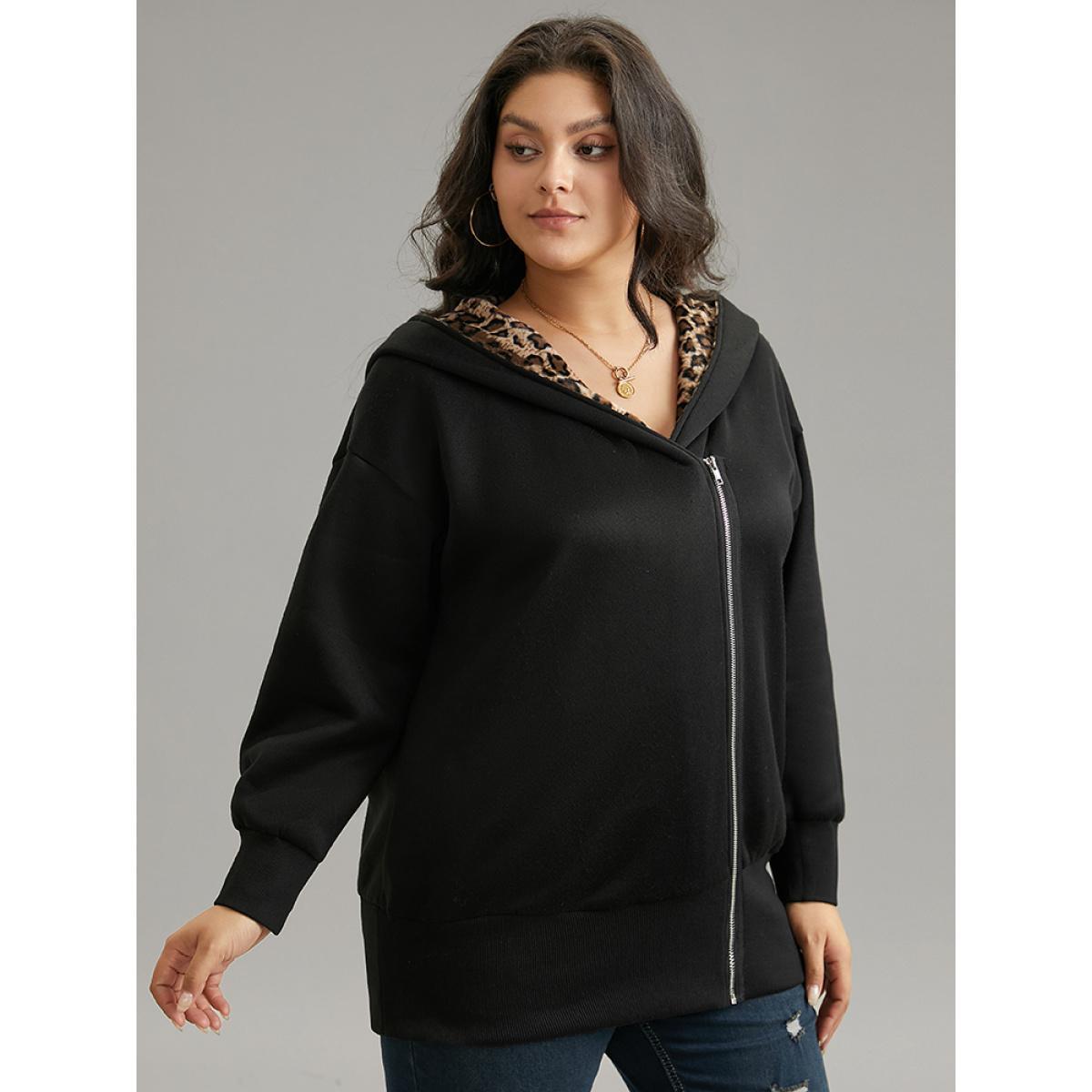 Plus Size Leopard Patchwork Zipper Hooded Jacket Women Black Contrast Pocket Dailywear Jackets BloomChic 22-24/3X Product Image