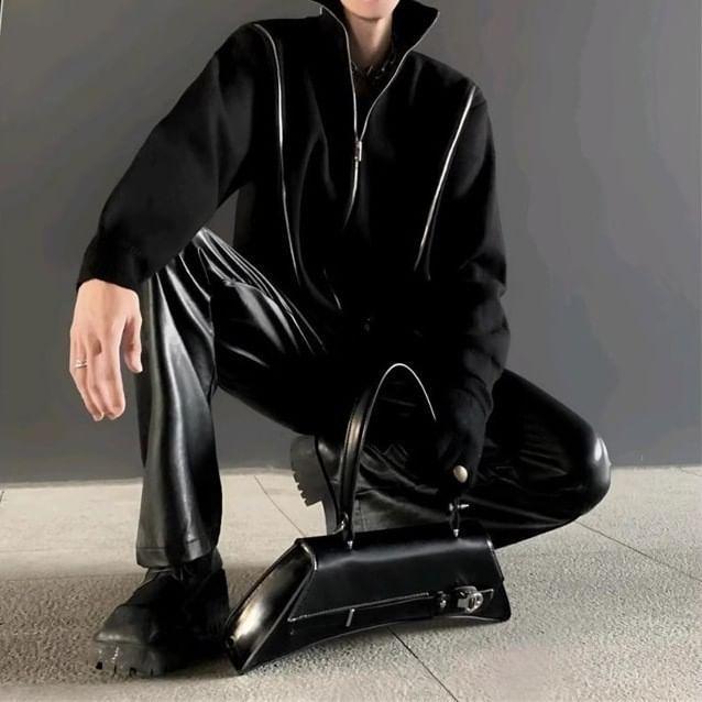 Stand Collar Plain Zip-Up Cardigan Product Image