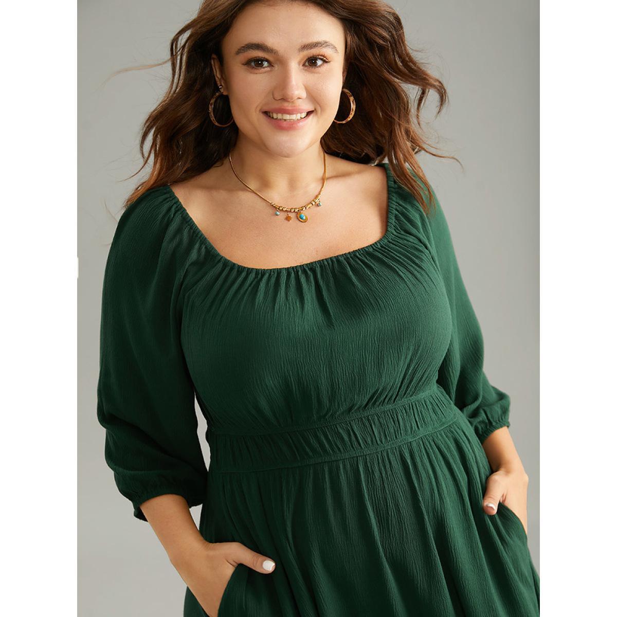 Plus Size Square Neck Gathered Elastic Waist Rayon Dress DarkGreen Women Casual Elastic cuffs Square Neck Elbow-length sleeve Curvy Midi Dress BloomChic 22-24/3X Product Image