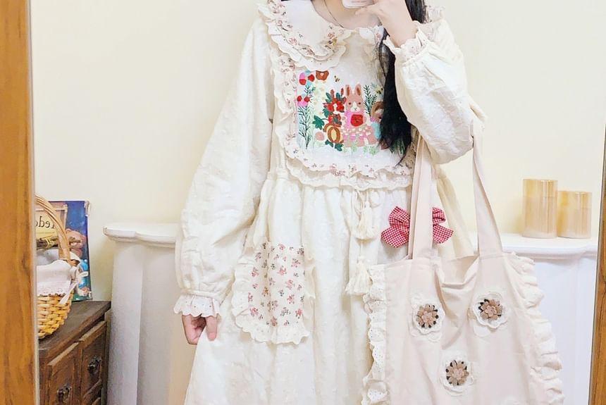 Long-Sleeve Collar Embroidered Tiered Lace Trim Midi A-Line Dress Product Image