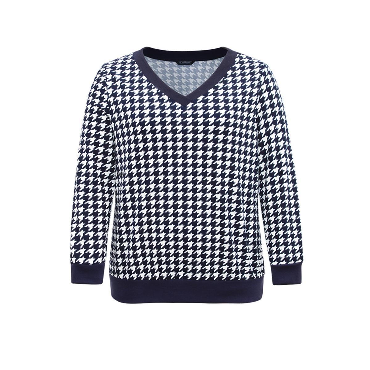 Plus Size Houndstooth Contrast V Neck Sweatshirt Midnight Women Casual Contrast Houndstooth V-neck Dailywear T-shirts BloomChic 12/L Product Image