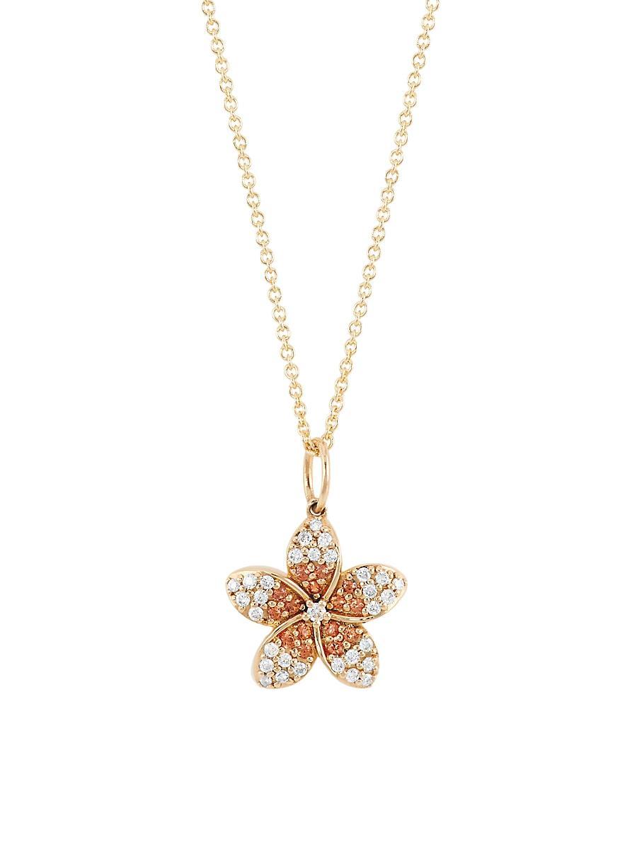 Womens 14K Yellow Gold, Diamond, & Orange Sapphire Plumeria Pendant Necklace Product Image