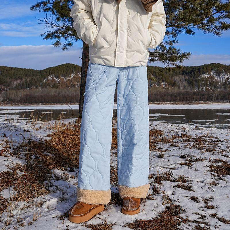 Drawstring Waist Embroidered Quilted Fleece-Lined Wide Leg Pants Product Image
