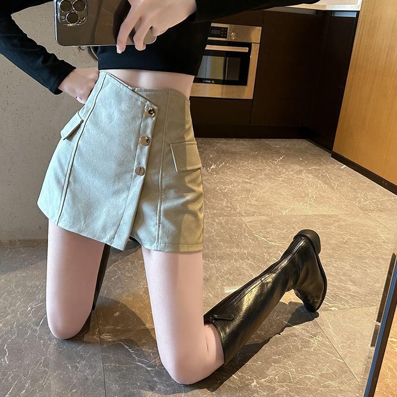 High Waist Plain Asymmetrical Faux Leather Button Front Skort Product Image