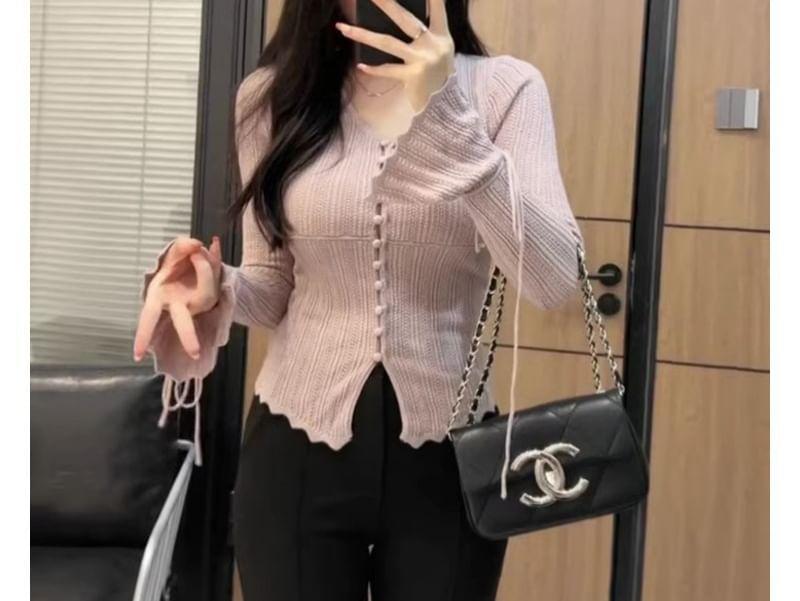Long Sleeve V-Neck Plain Button Tie-Up Knit Top Product Image