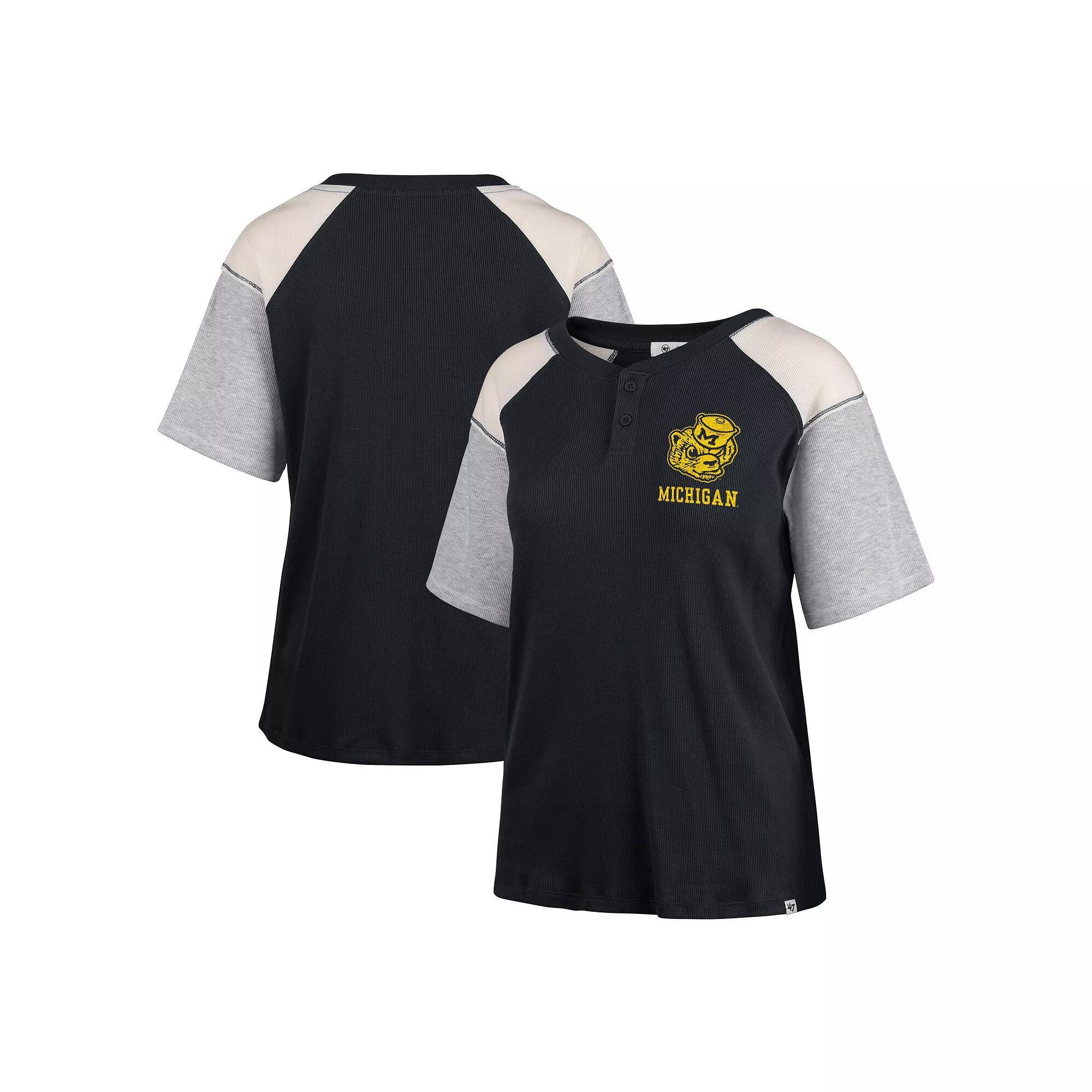 Women's '47 Black Michigan Wolverines Underline Harvey Colorblock Raglan Henley T-Shirt, Size: Medium Product Image