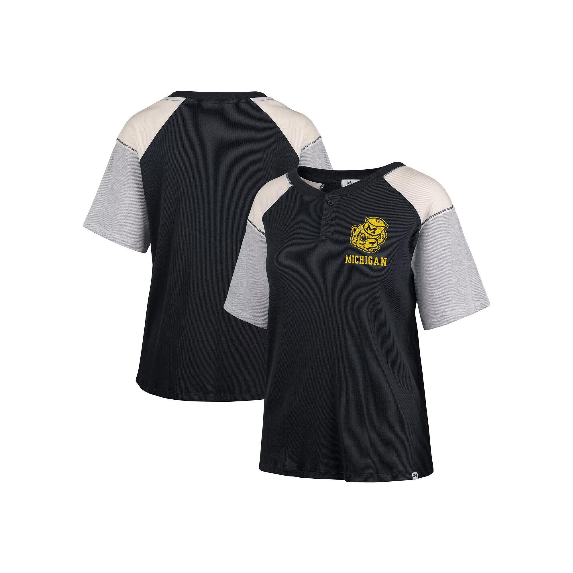 Women's '47 Black Michigan Wolverines Underline Harvey Colorblock Raglan Henley T-Shirt, Size: Medium Product Image