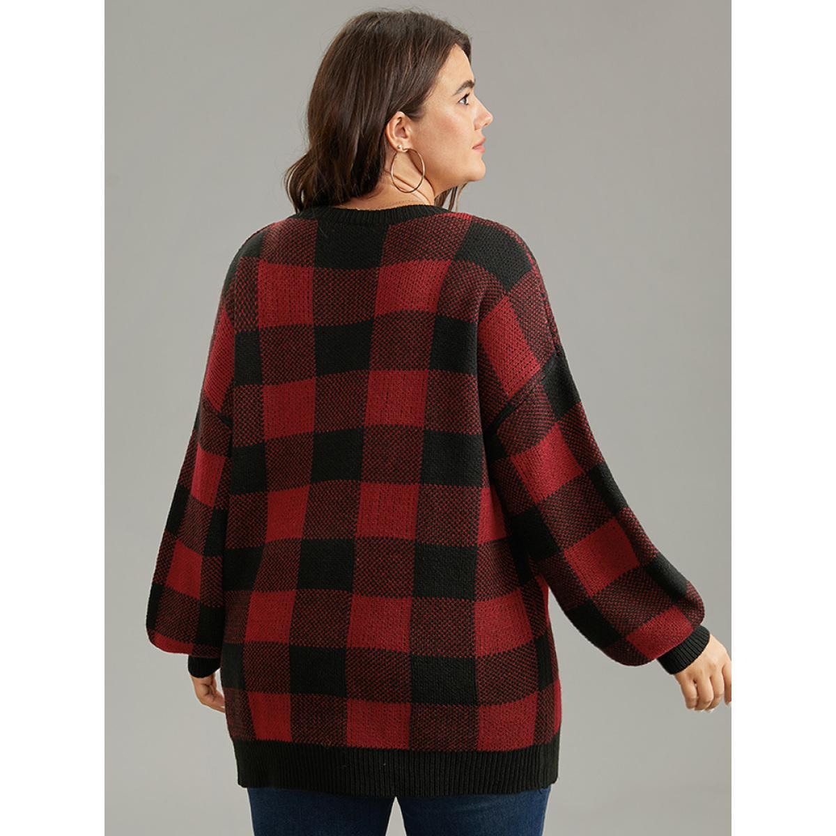 Plus Size V Neck Plaid Elastic Cuffs Pullover Scarlet Women Casual Loose Long Sleeve V-neck Dailywear Pullovers BloomChic 14-16/1X Product Image