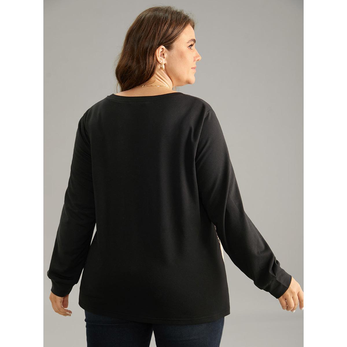 Plus Size Contrast Eyelet Lace Crew Neck Sweatshirt Women Black Elegant Contrast Round Neck Dailywear Sweatshirts BloomChic 22-24/3X Product Image