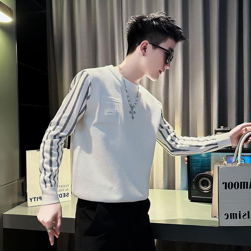 Crew Neck Striped Panel Sweater Product Image