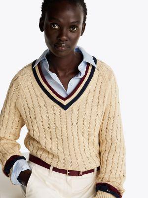 Varsity Cable Knit V-Neck Sweater Product Image
