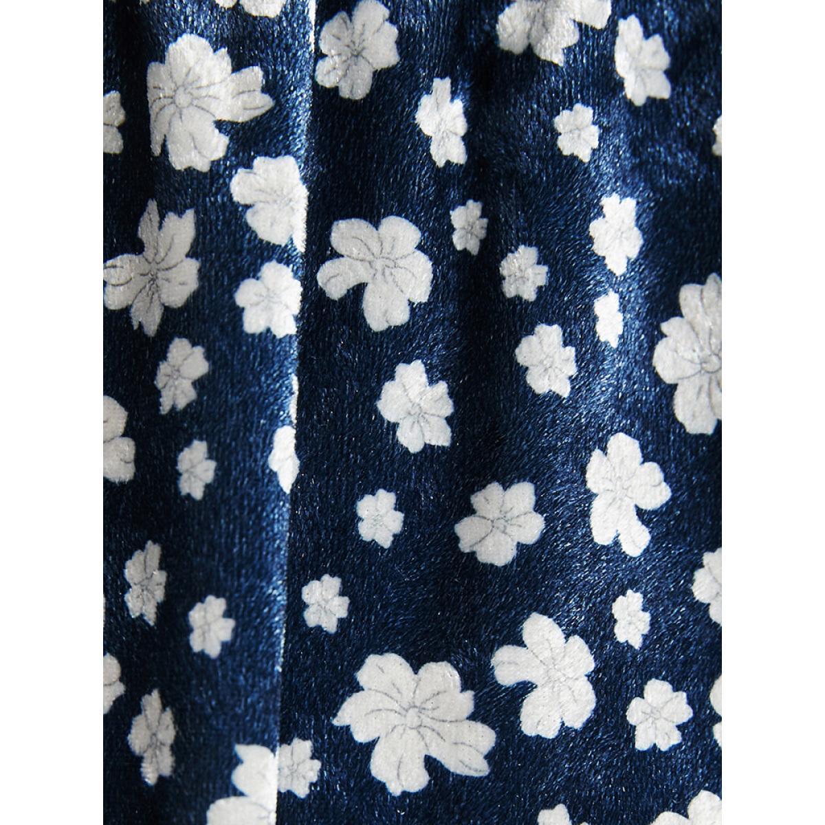 Plus Size Ditsy Floral Pocket Lantern Sleeve Wrap Velvet Dress Indigo Women Elegant Elastic Waist V-neck Long Sleeve Curvy Midi Dress BloomChic 22-24/3X Product Image