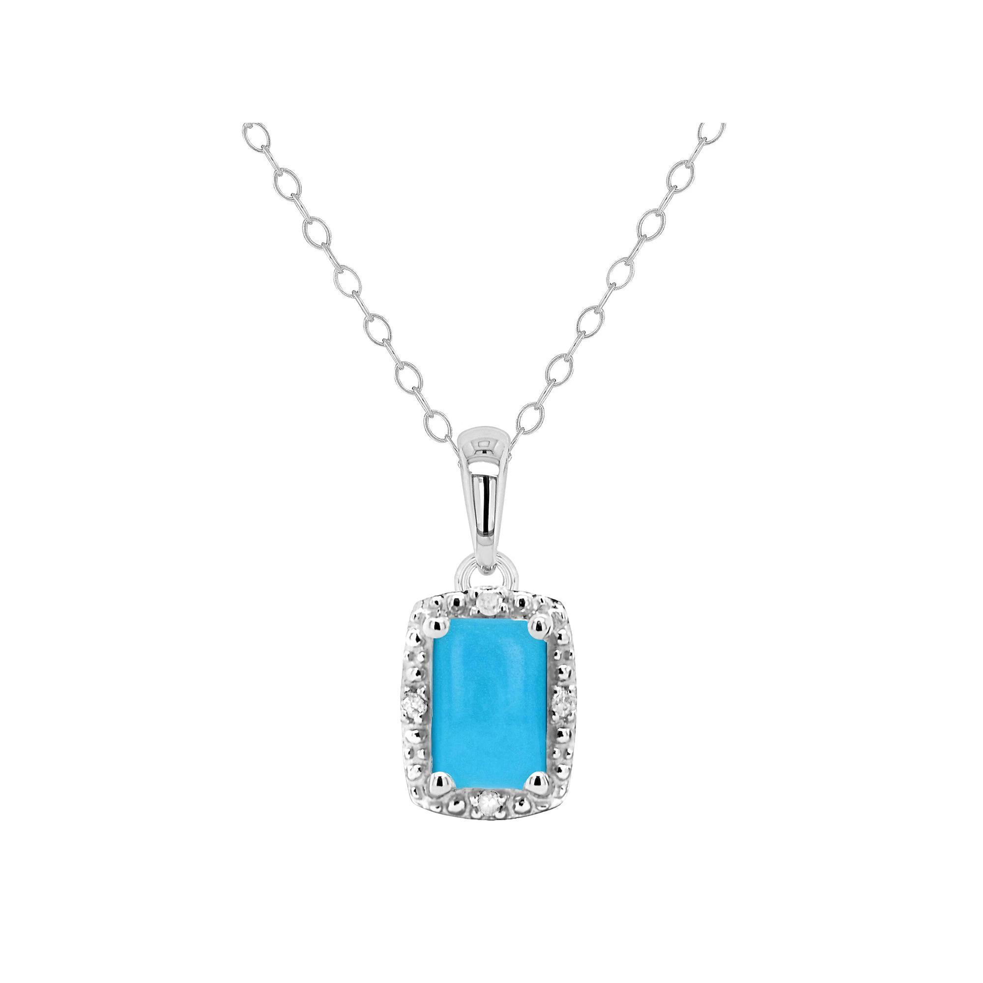 Celebration Gems Sterling Silver Emerald Cut Stabilized Turquoise & Diamond Accent Pendant Necklace, Women's, Size: 18" Product Image