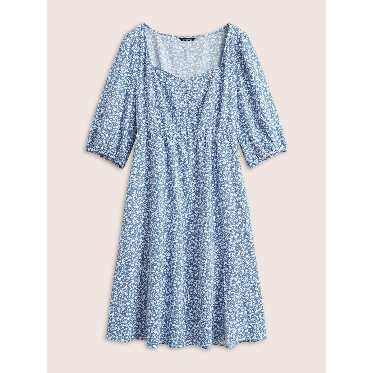Plus Size Ditsy Floral Print Square Neck Split Hem Dress Cerulean Women Elegant Non Square Neck Elbow-length sleeve Curvy Midi Dress BloomChic 28/5X Product Image