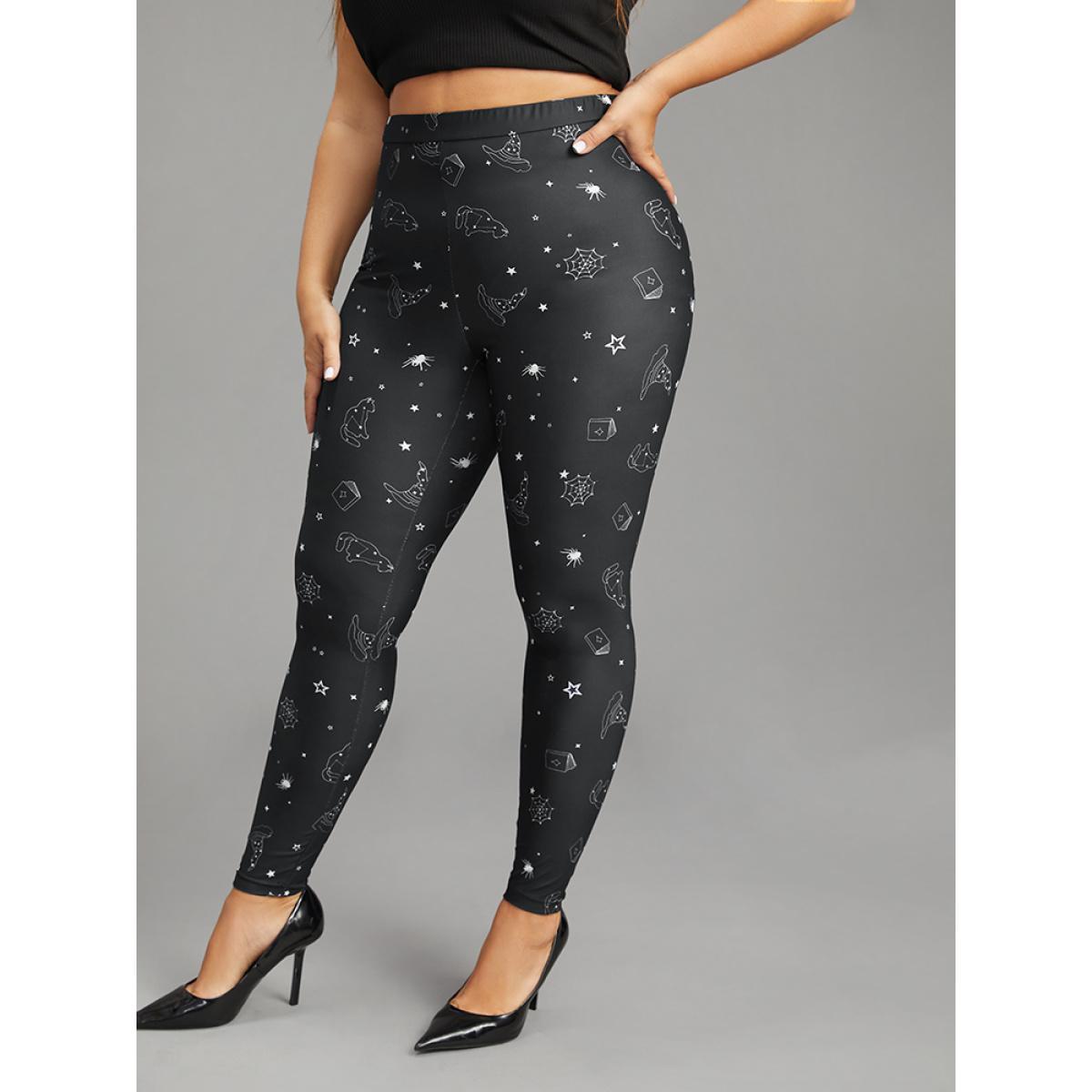 Plus Size Halloween Print High Rise Elastic Waist Leggings Women Black Casual High stretch Skinny High Rise Festival-Halloween Leggings BloomChic 28/5X Product Image