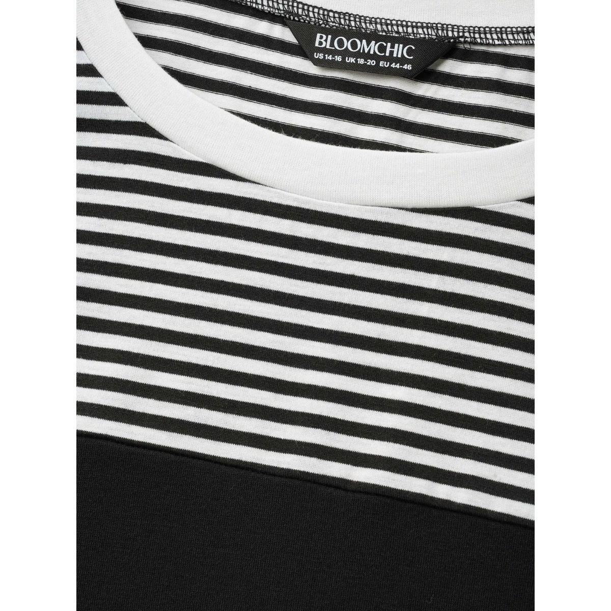 Plus Size Solid and Striped Contrast Hem T-Shirt Black Women Casual Contrast Round Neck Everyday T-shirts BloomChic 12/L Product Image
