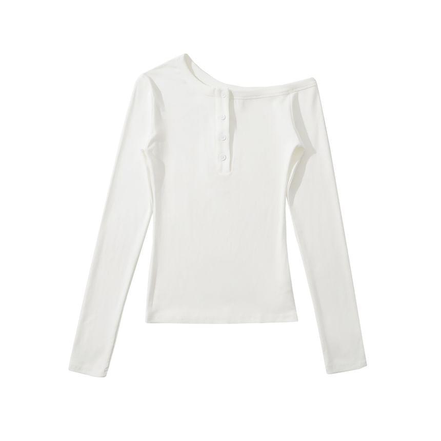 Cold-Shoulder Long-Sleeve Plain Henley Tee Product Image