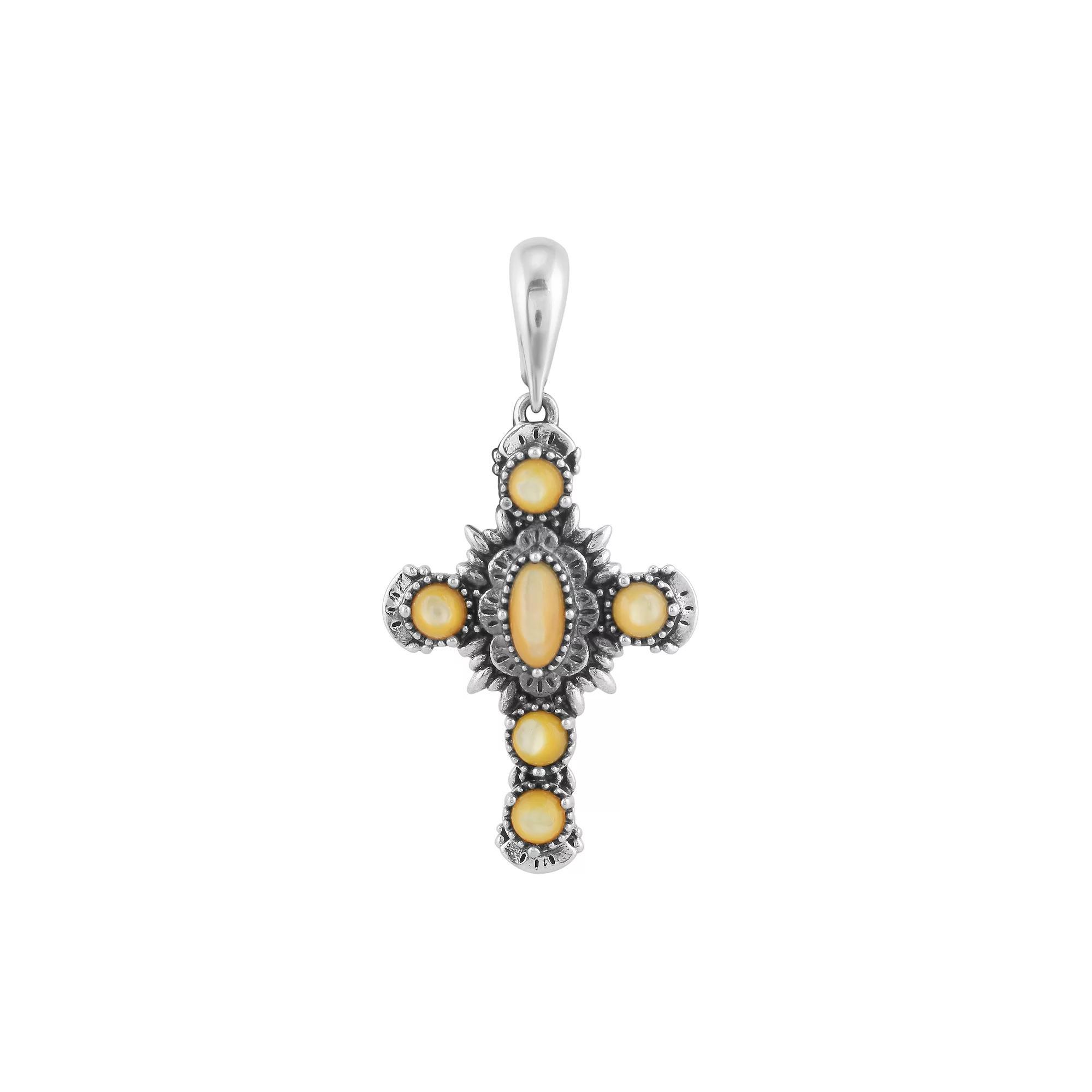 Southwest Spirit Sterling Silver and Stone Cross Pendant, Womens, Golden Mop Product Image